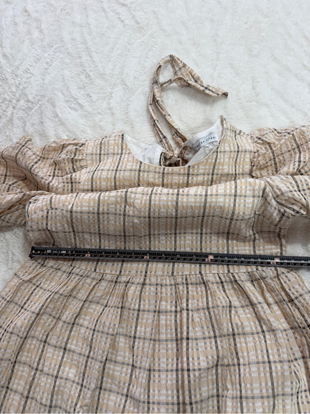 English Factory Plaid Puff Sleeve Tiered Midi Dress Small Neutral Cottagecore - Picture 6 of 7